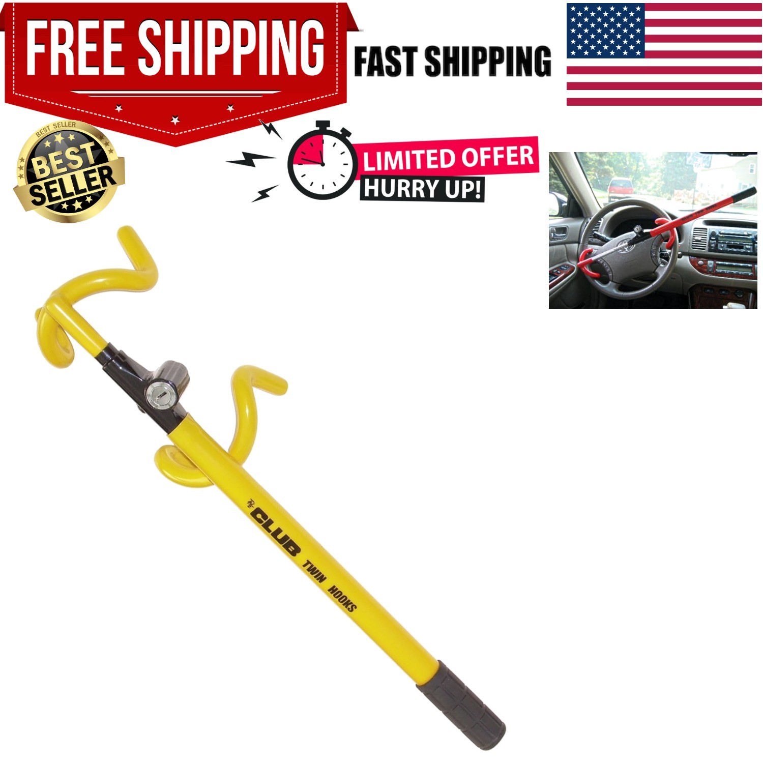 The Club 3000 Twin Hooks Steering Wheel Lock, Yellow
