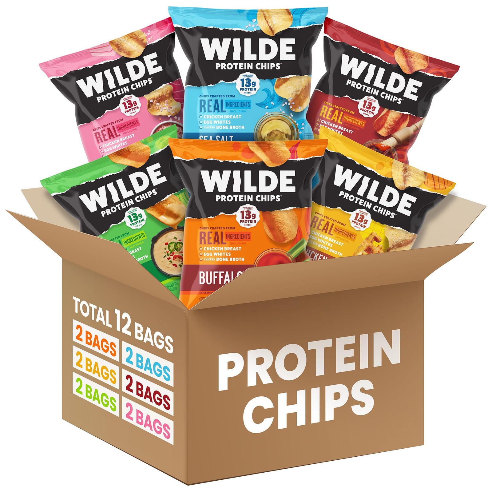 WILDE Protein Chips Variety Pack, High Snacks for Adults, Pack of 12
