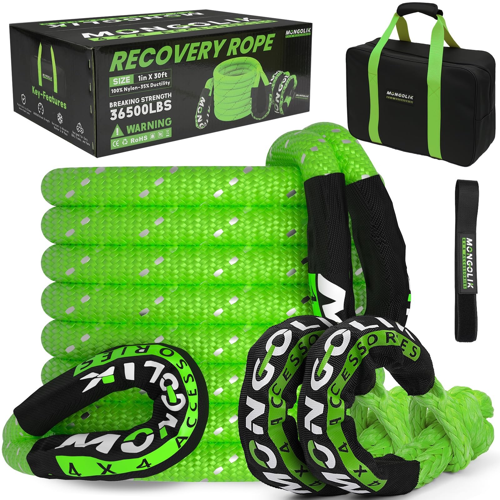 Mongolik 1In X 30Ft Kinetic Recovery Rope Kit Reflective 36500Lbs Heavy Duty