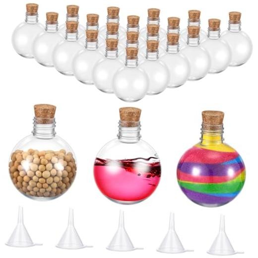 24 Pcs Spherical Plastic Potion Bottles Ball Shape Round Brown Cork Stopper