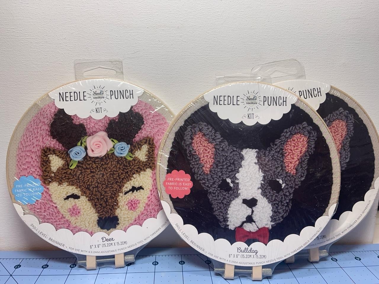 LOT OF 3 Fabric Editions Needle Punch Kits 2 Bulldogs 1 Deer - In Hoops - NEW