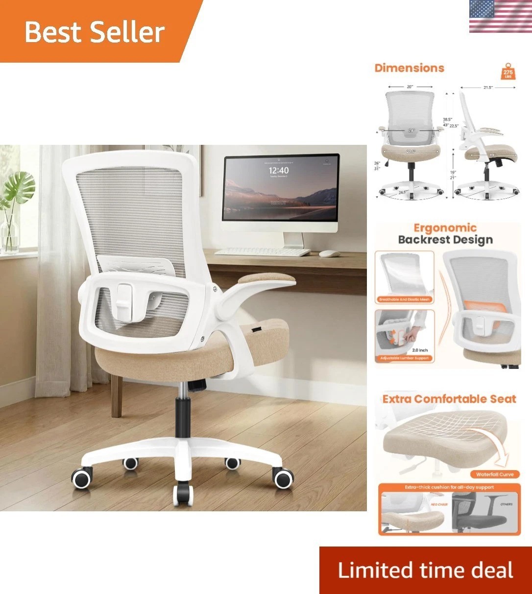Adjustable Ergonomic Office Chair in Beige with Lumbar Support & Rolling Wheels