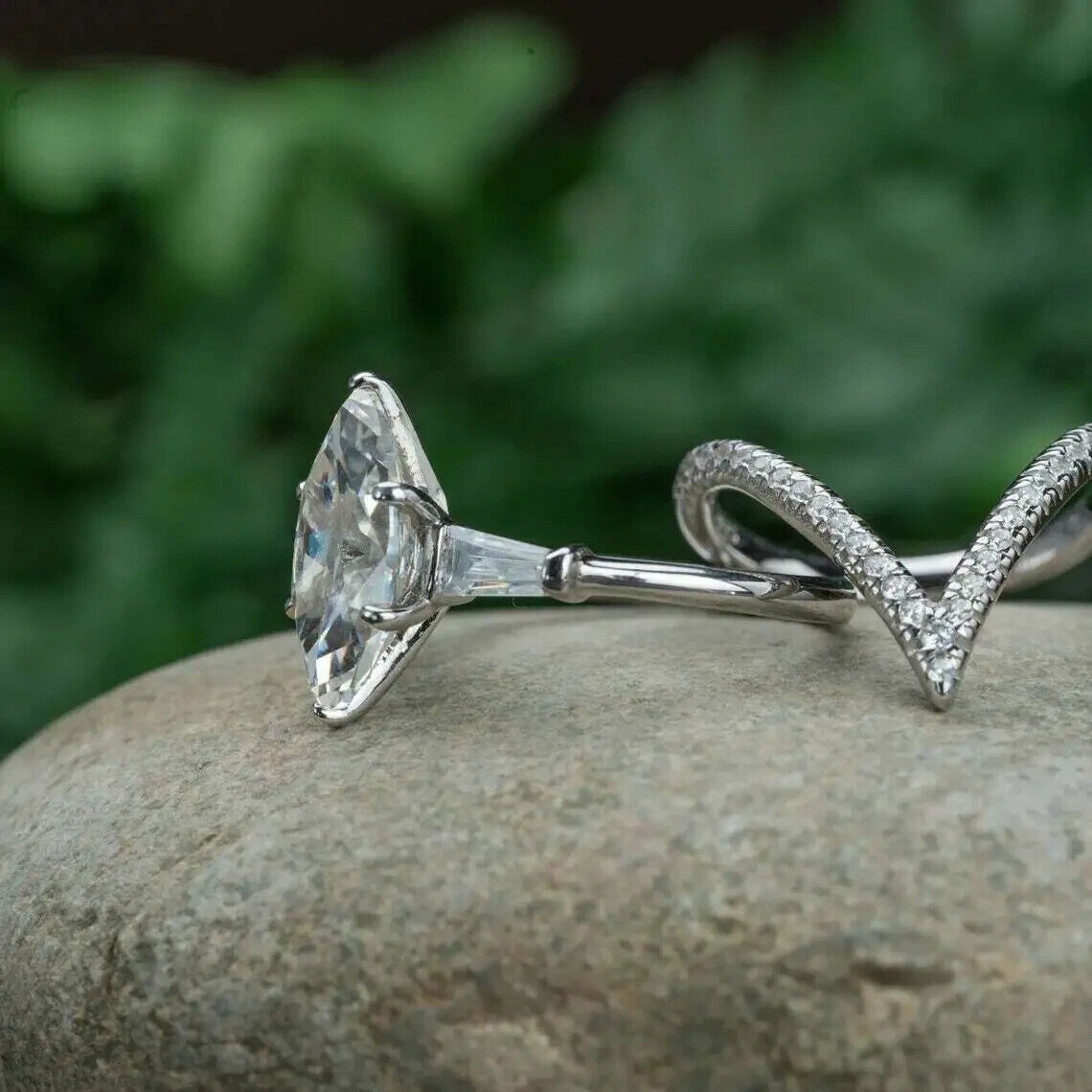 Lab-Created Marquise Cut 3.20 Ct Diamond Engagement Ring Set 925 Sterling Silver
