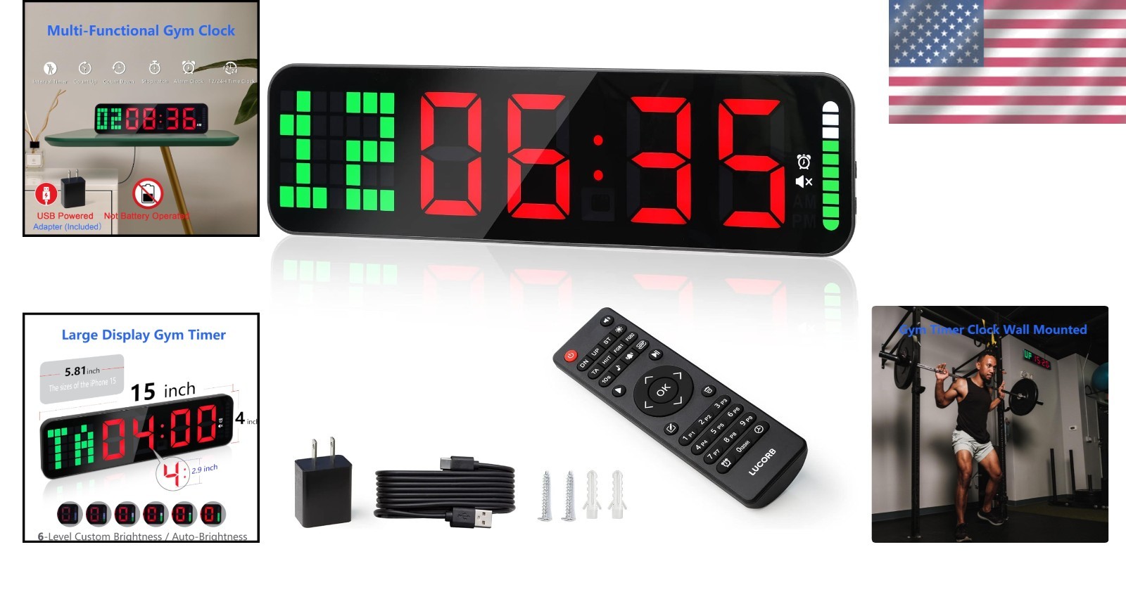 Pro Gym Timer Clock - 15" LED Display, Interval Training, Countdown/Up Stopwatch
