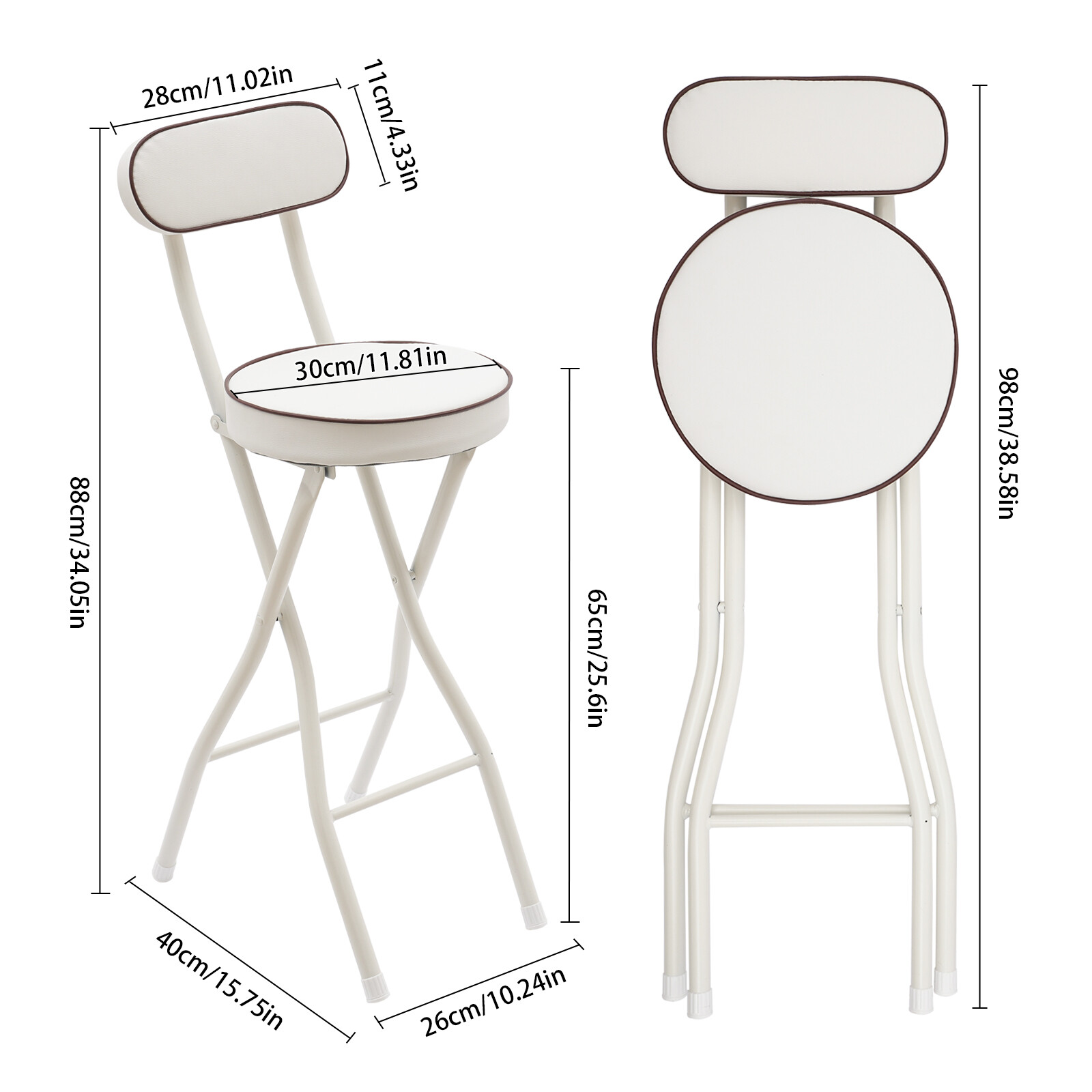 2PCS Bar Stool Portable Folding Stool Padded Folding High Chairs White