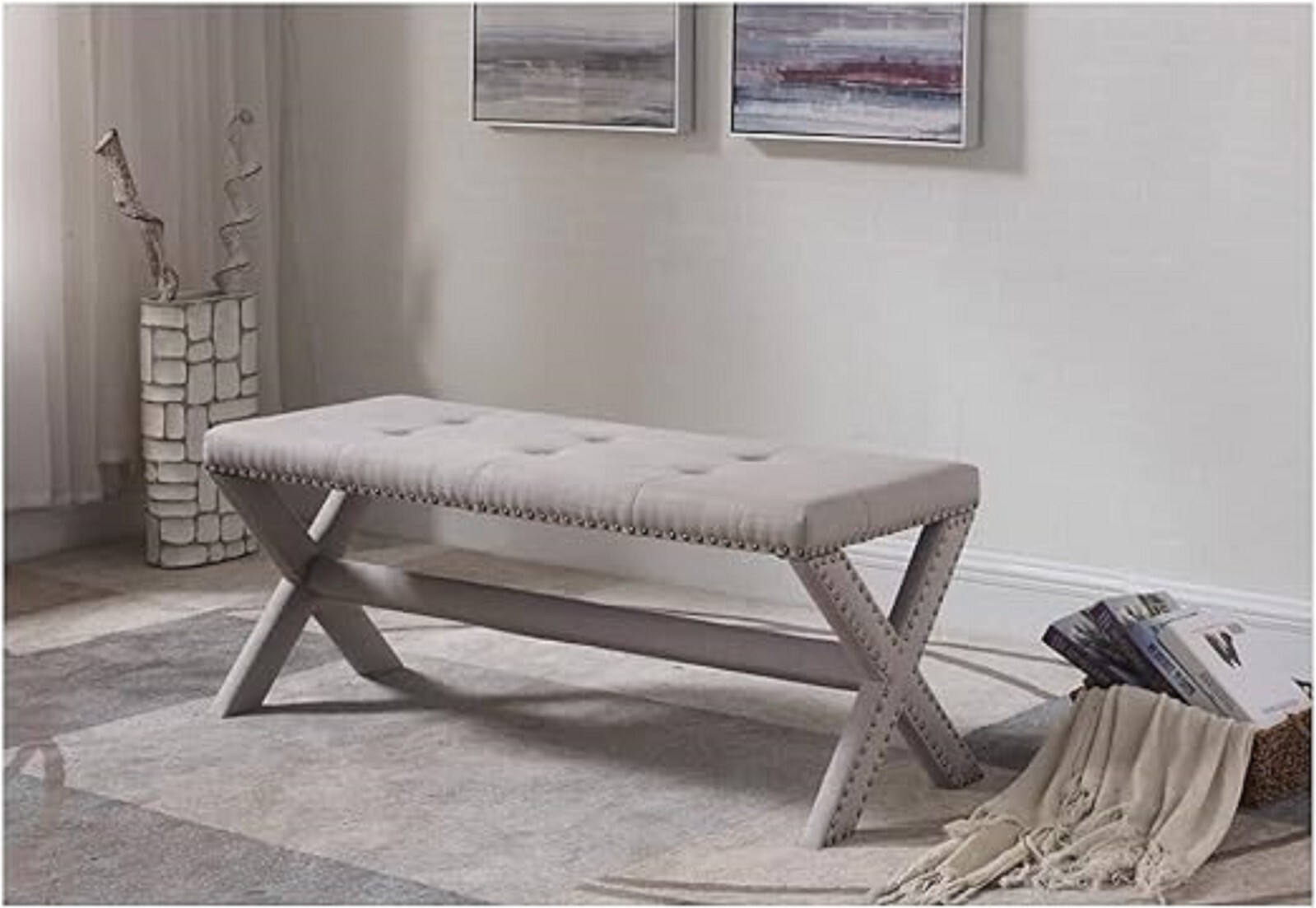 44" Accent Bench for Bedroom, Living Room, Tufted Linen Upholstered Bench, Gray