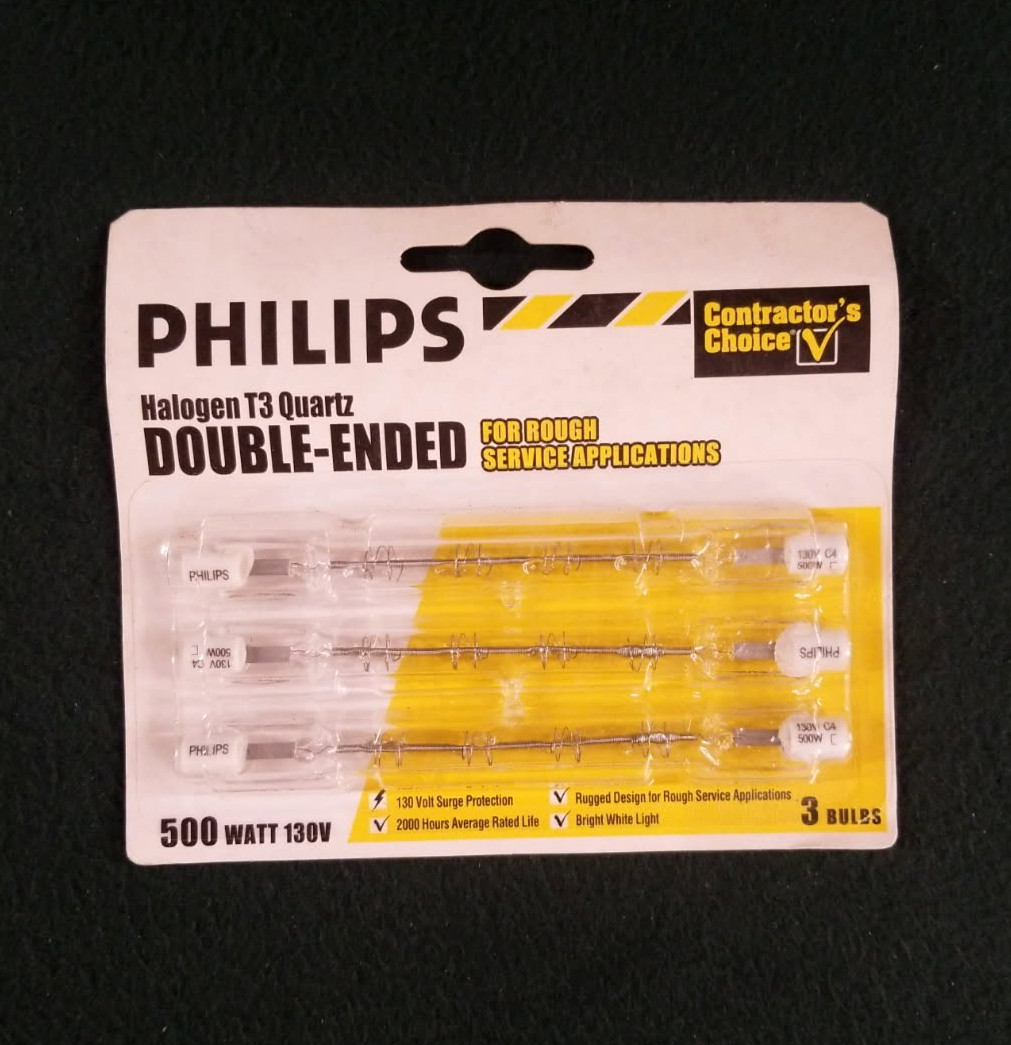 NOS Philips 500W 130V T3 Halogen Double Sided Bulbs Contractor's Choice 3 Pack