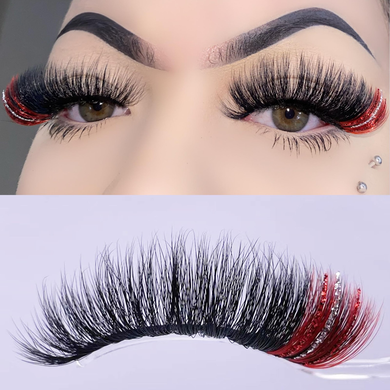 Black False Eyelashes with Red Highlights, 1 1 pair (Pack of 1), Red-Silver
