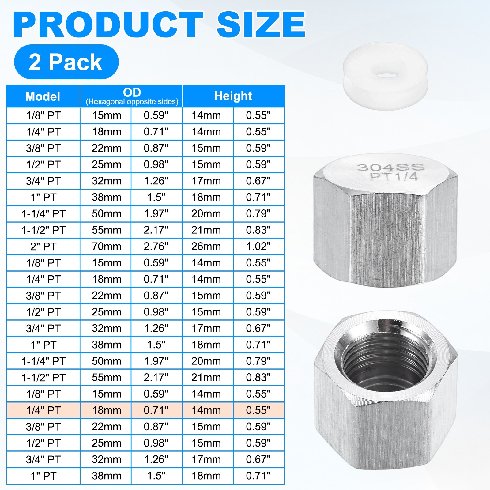 2-Pack Hex End Cap, 1/4 Inch PT Female Thread Pipe Fitting