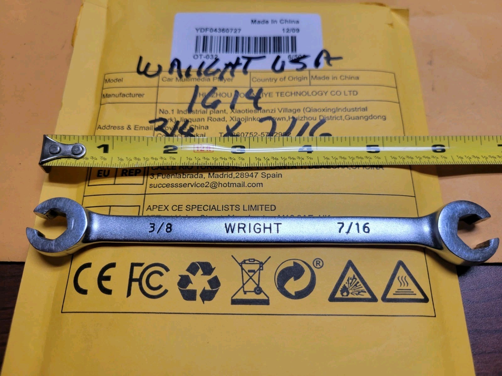 Wright # 1614  3/8" X 7/16" Flare Nut Wrenches 6 Pt.  NICE