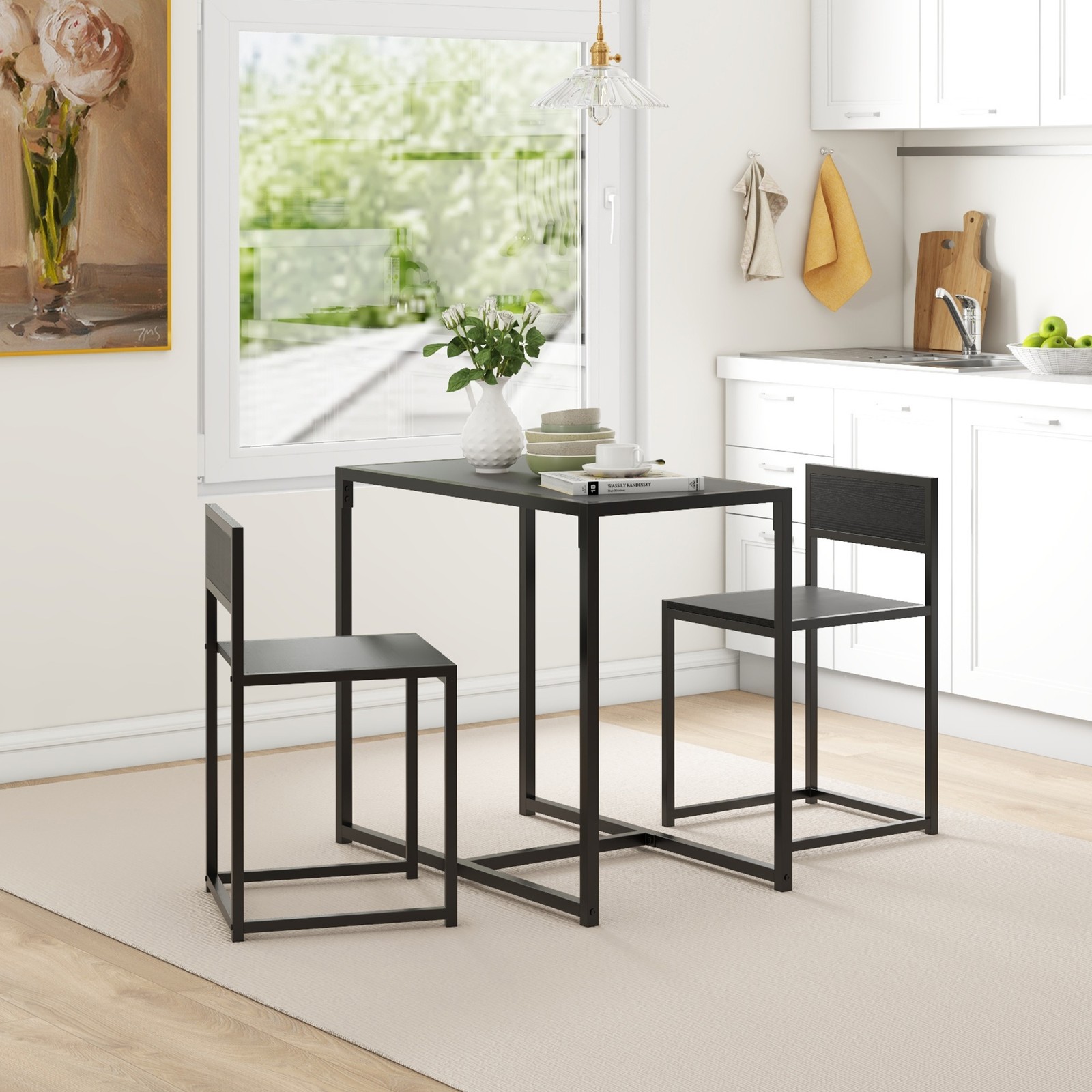 Industrial 3pc Dining Table 2 Chair Set for Small Space Dining Room Kitchen