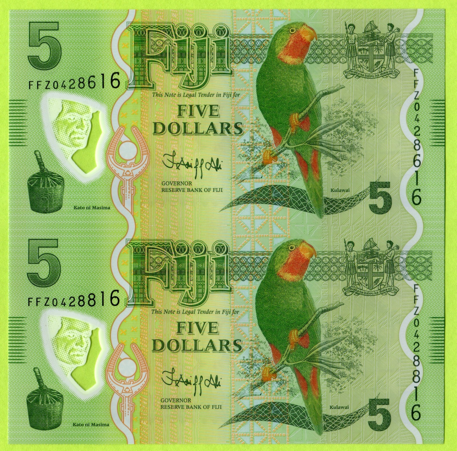 Fiji 5 Dollars ND(2022) P115b UNC - Polymer / Uncut sheet of 2