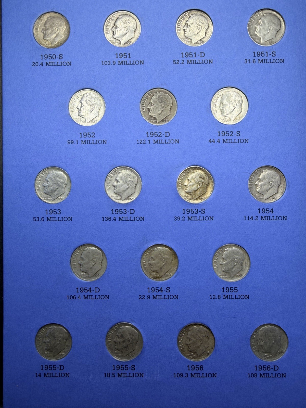 Complete Roosevelt Dime Set 1946-1964 Whitman Folder 90% Silver All PDS