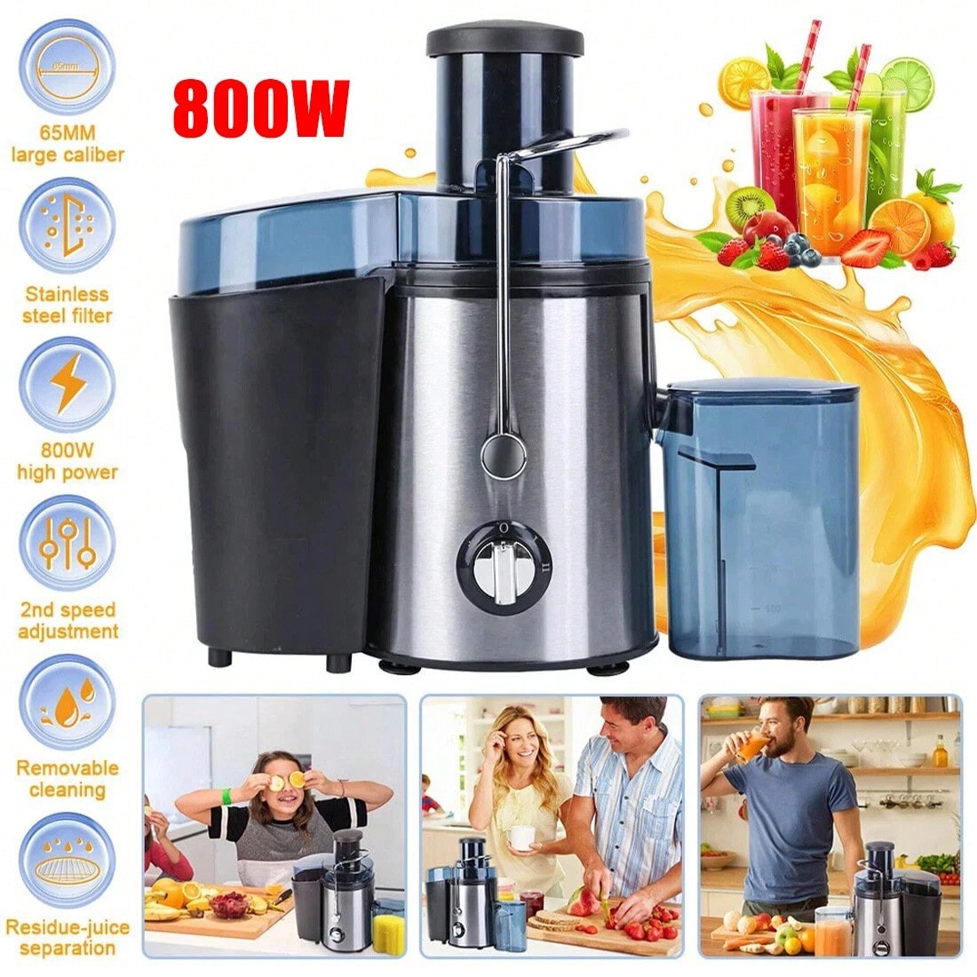 800W Electric Juicer Fruit Vegetable Blender Juice Extractor Citrus Machine New