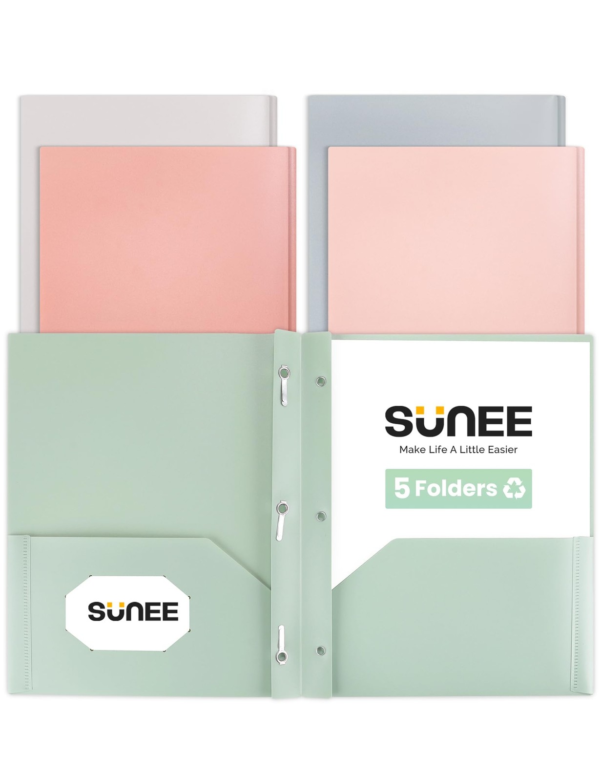 SUNEE Pocket Folders with Prongs(5 Pack, Vintage Colors) Recycled Plastic Fol...