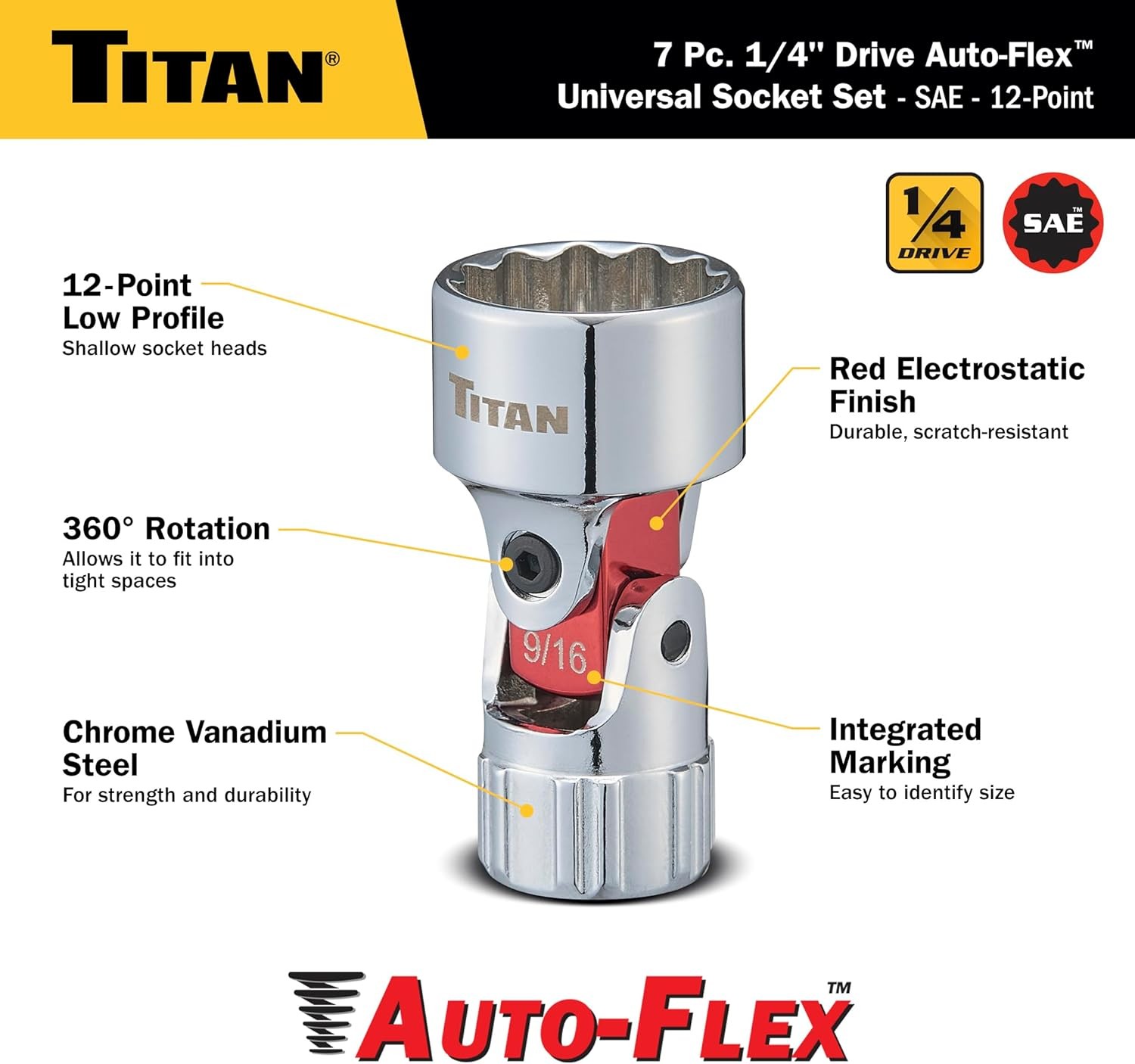 Titan Tools Auto Flex Universal Socket Set - SAE, 1/4" Drive, 7 Piece (66860)
