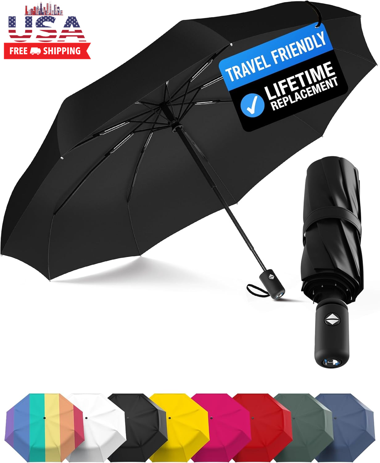 Windproof Compact Umbrellas for Rain - Strong Reinforced Fiberglass Rib Design &