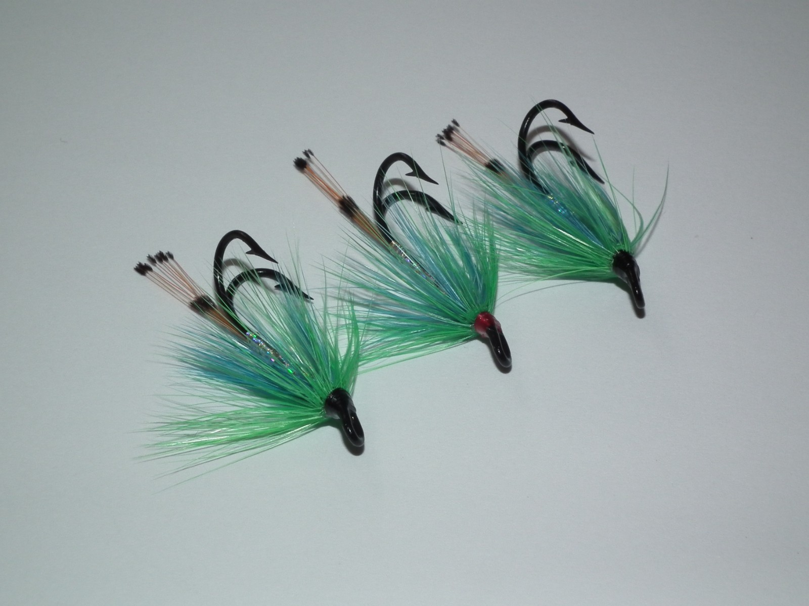 salmon/seatrout flies -- 3 green blue silver tied on  mustad size 8 double hooks
