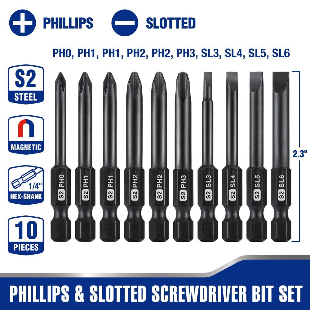 WORKPRO 10PC Magnetic Slotted Phillips Screwdriver Bit 1/4" Hex Shank Driver Bit