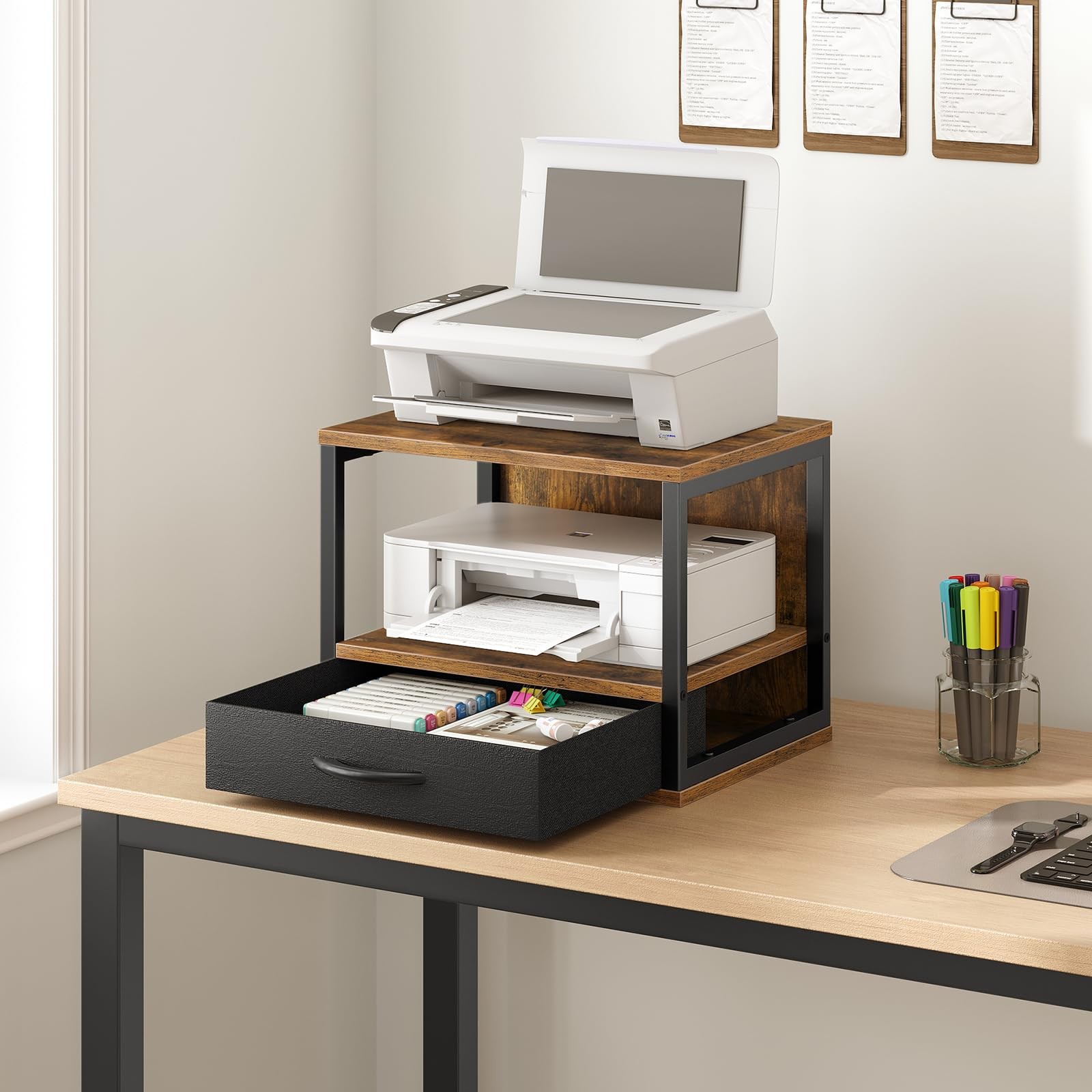 2-Tier Desktop Printer Stand with Drawer, Under-Desk Printer Table with Stora...