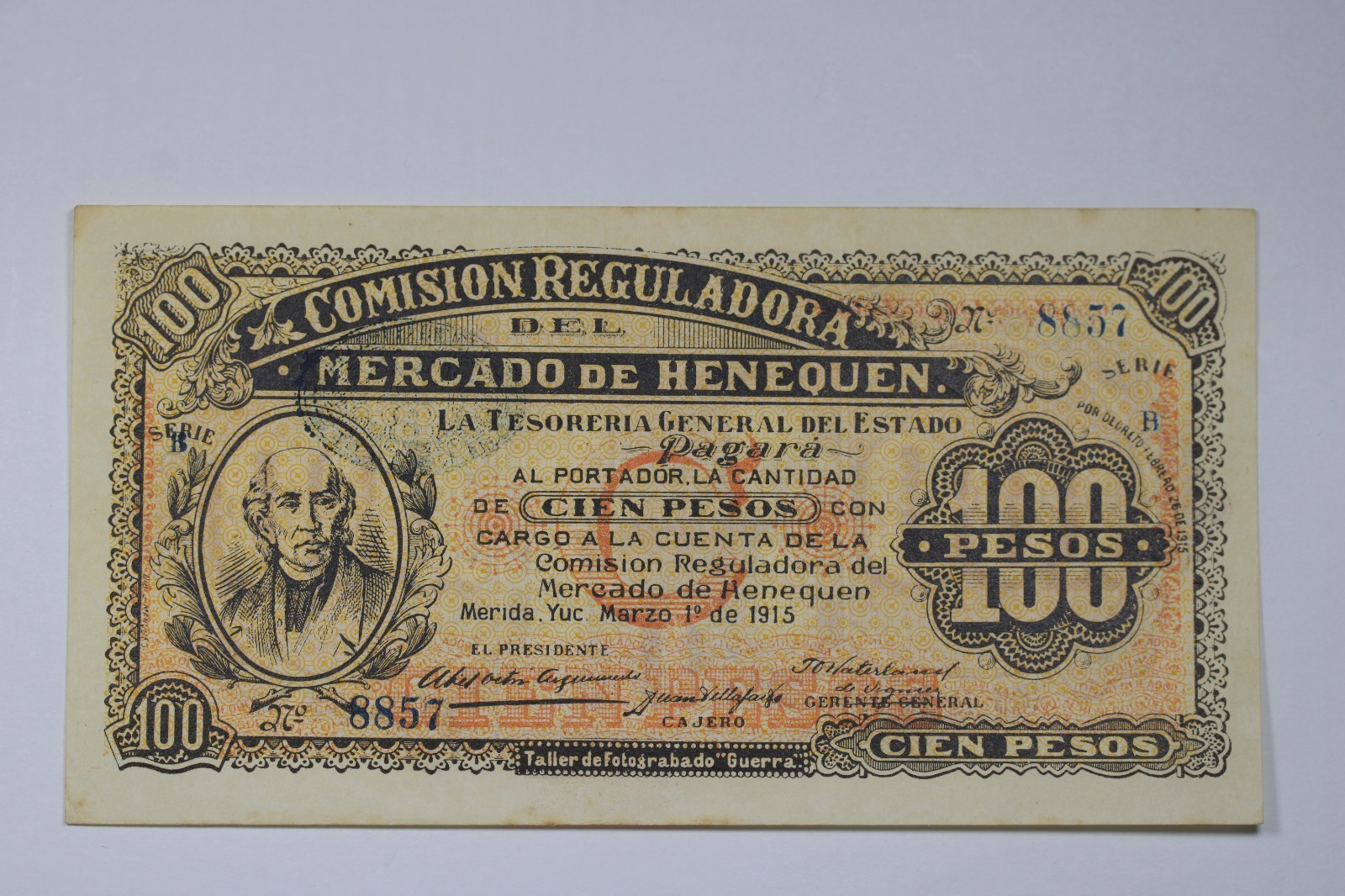 Revolutionary Mercado Vintage Mexican Banknote 100 Pesos S1125 1915 Yucatan#0295
