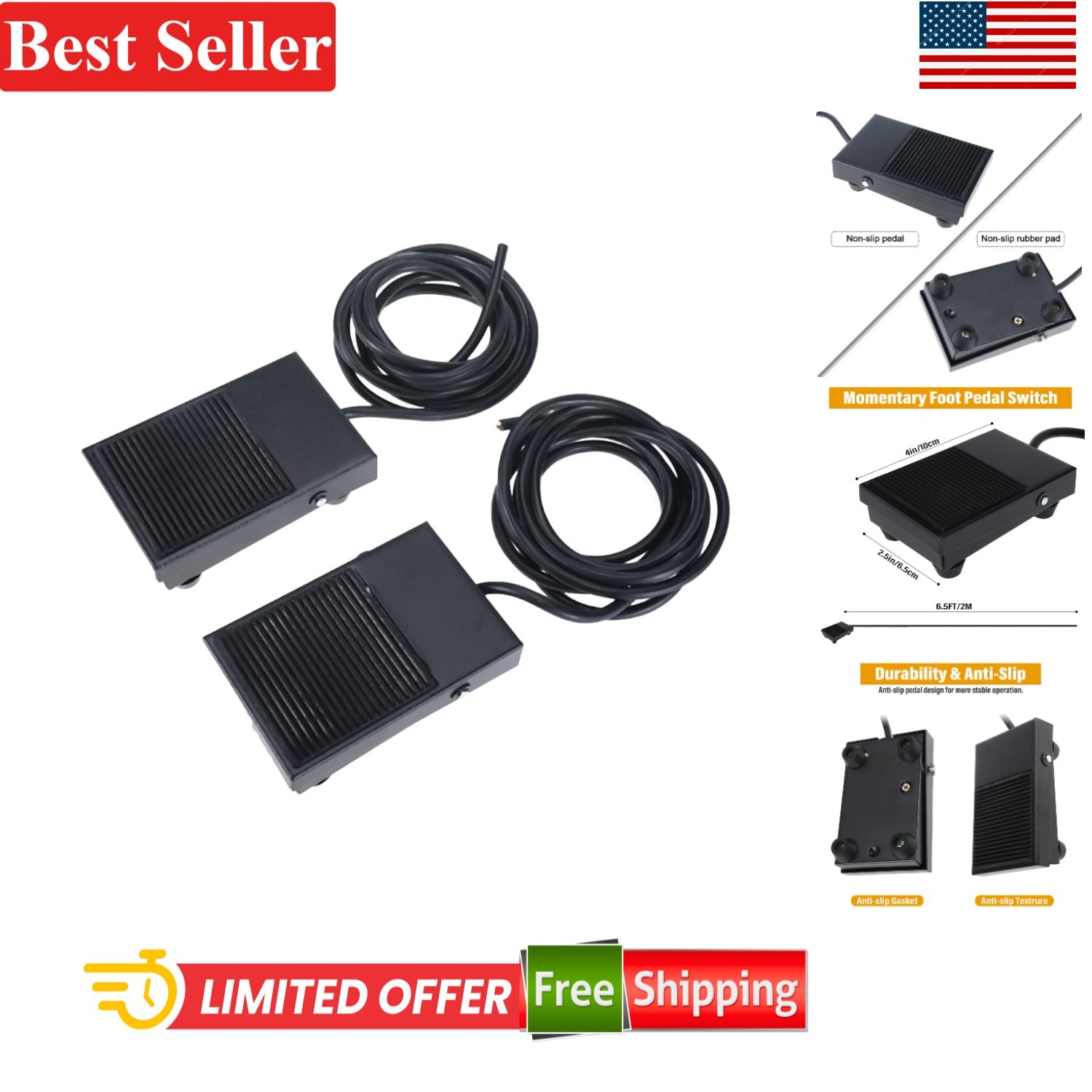 2 Pack Heavy Duty Non-Slip Momentary Foot Switches – 10A 250VAC with 6.5FT Cable