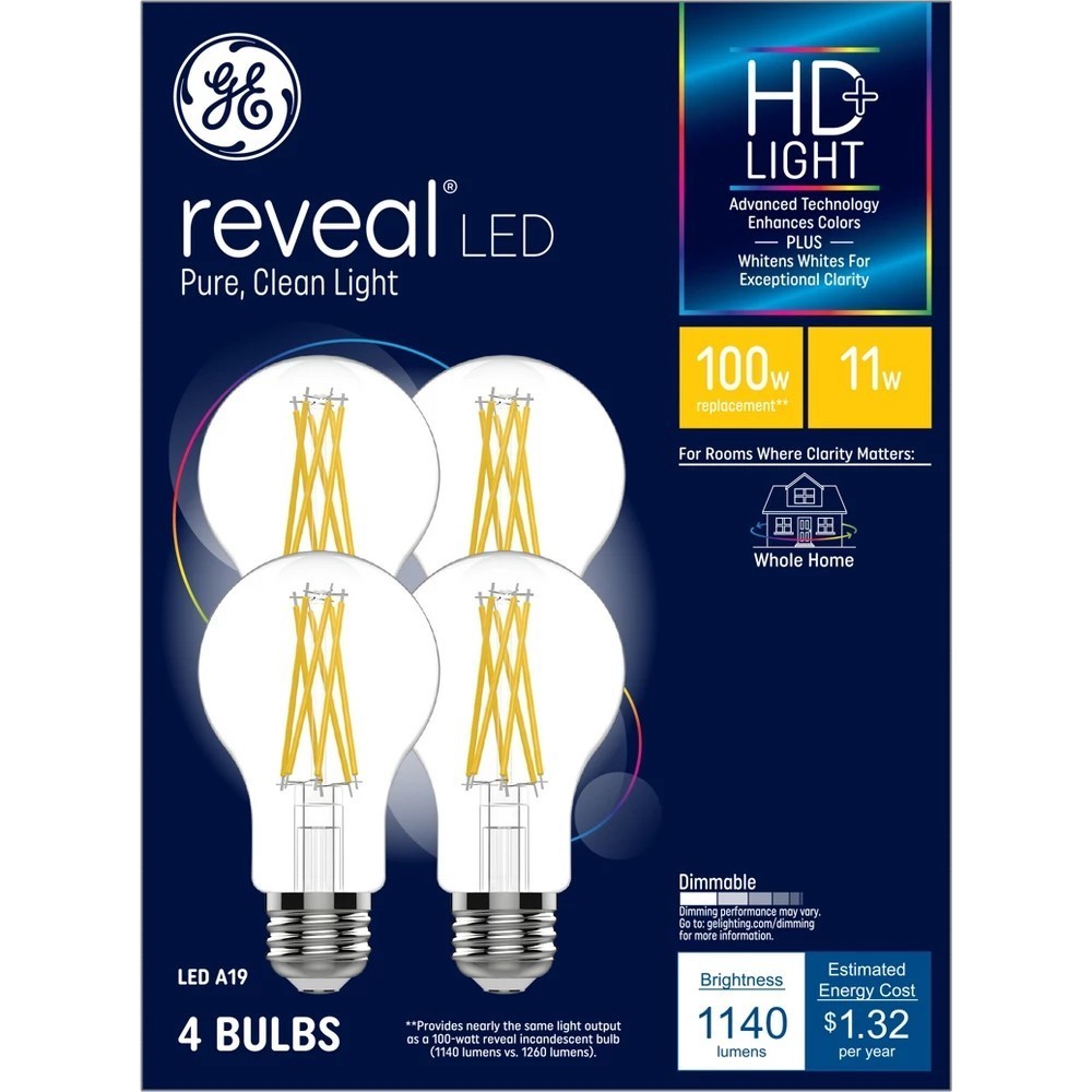 GE reveal LED A19, 100 watt equivalent, 11 watts 1140 lumens, HD Light,