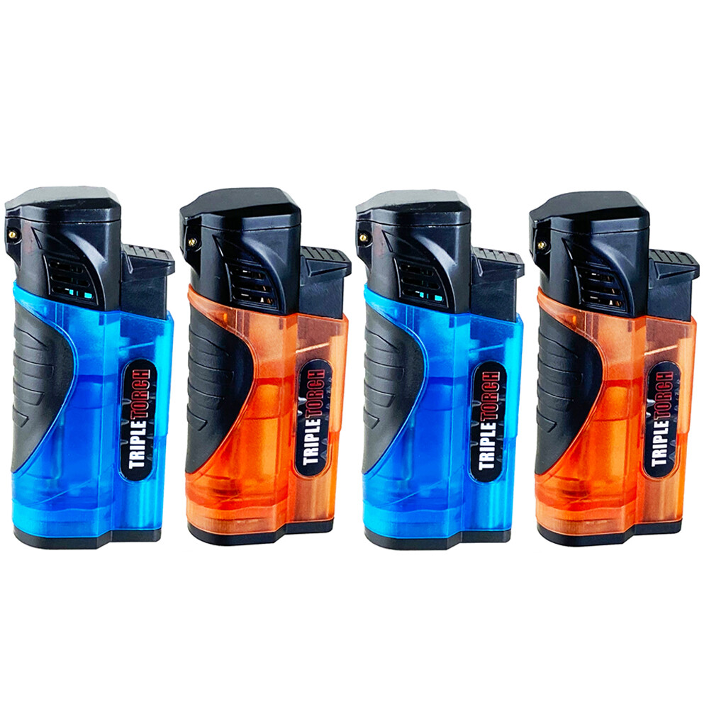 4 PACK Triple Clear Color Torch Lighter Adjustable Flame W/Cigar Puncher GR