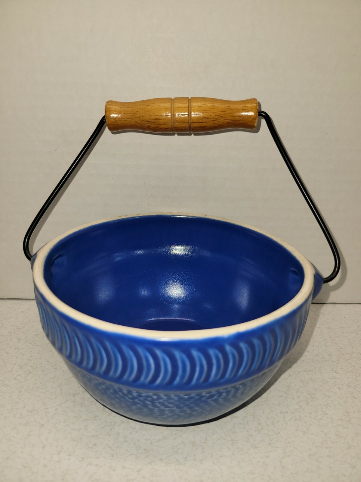 Blue Ceramic Berry Basket 3" x 5.5" With Metal and Wooden Handle