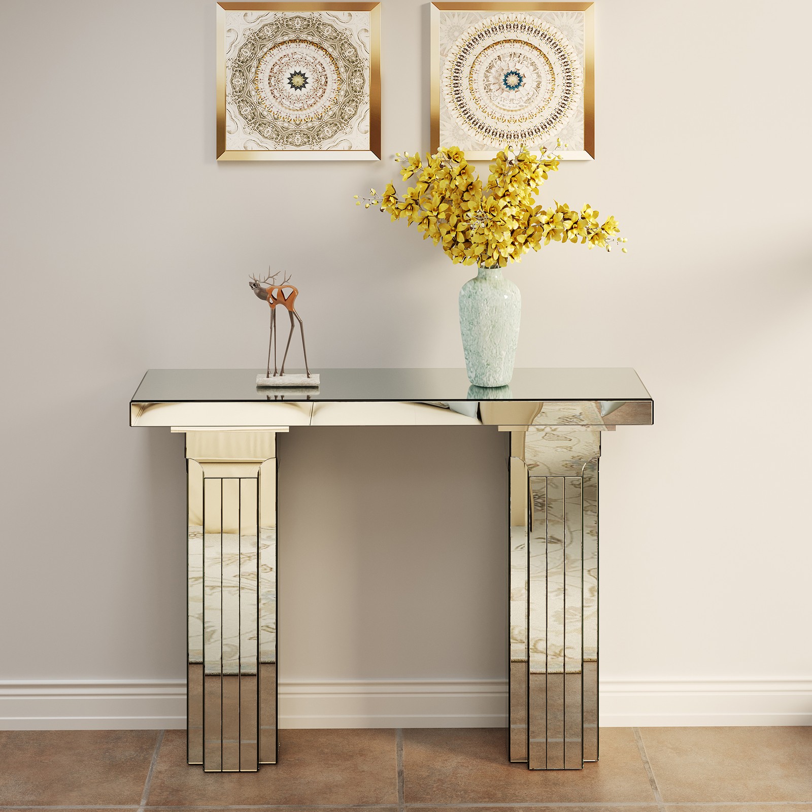 Mirrored Console Table Wide Bling Silver Mirror Entryway Desk Modern Rectangle S