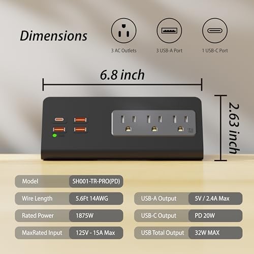 Upgraded Version Edge Mount Power Strip with USB-C Ports Tabletop Black - 1pack