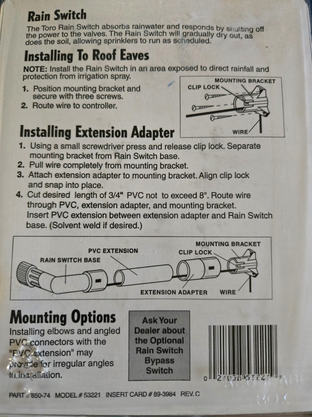 Toro 53221 Rain Switch Sprinkler Rain Sensor Automatic Shut-Off NEW Sealed NOS