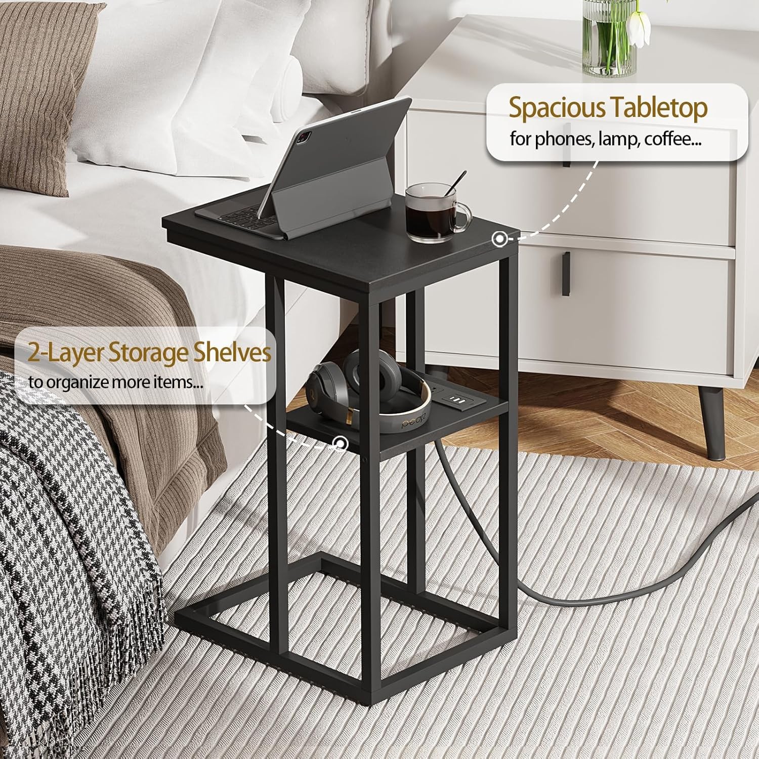 Vagusicc C Shaped End Table with Charging Station, Small Side for Black