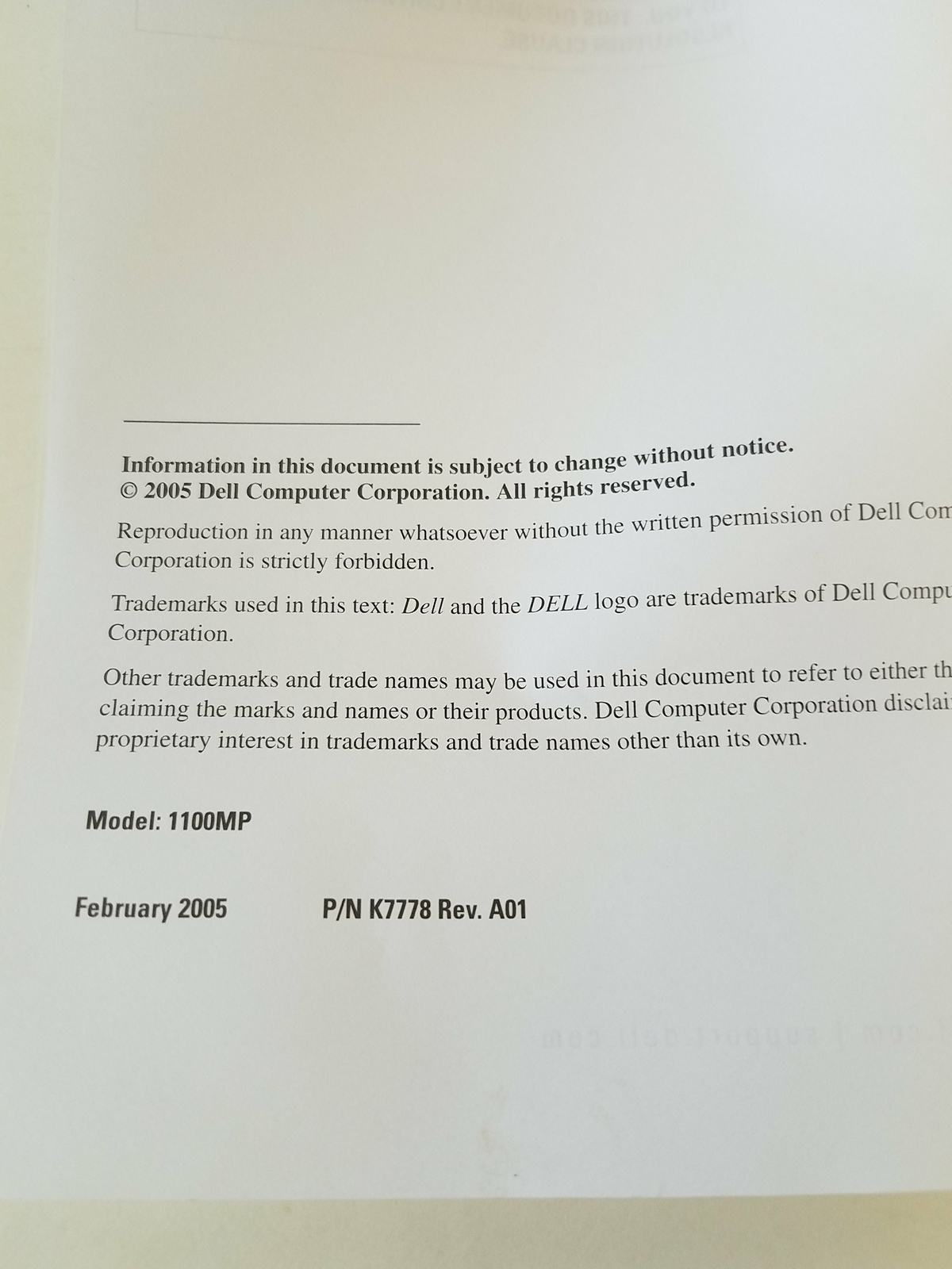 Dell Projector 1100MP Product Information Guide