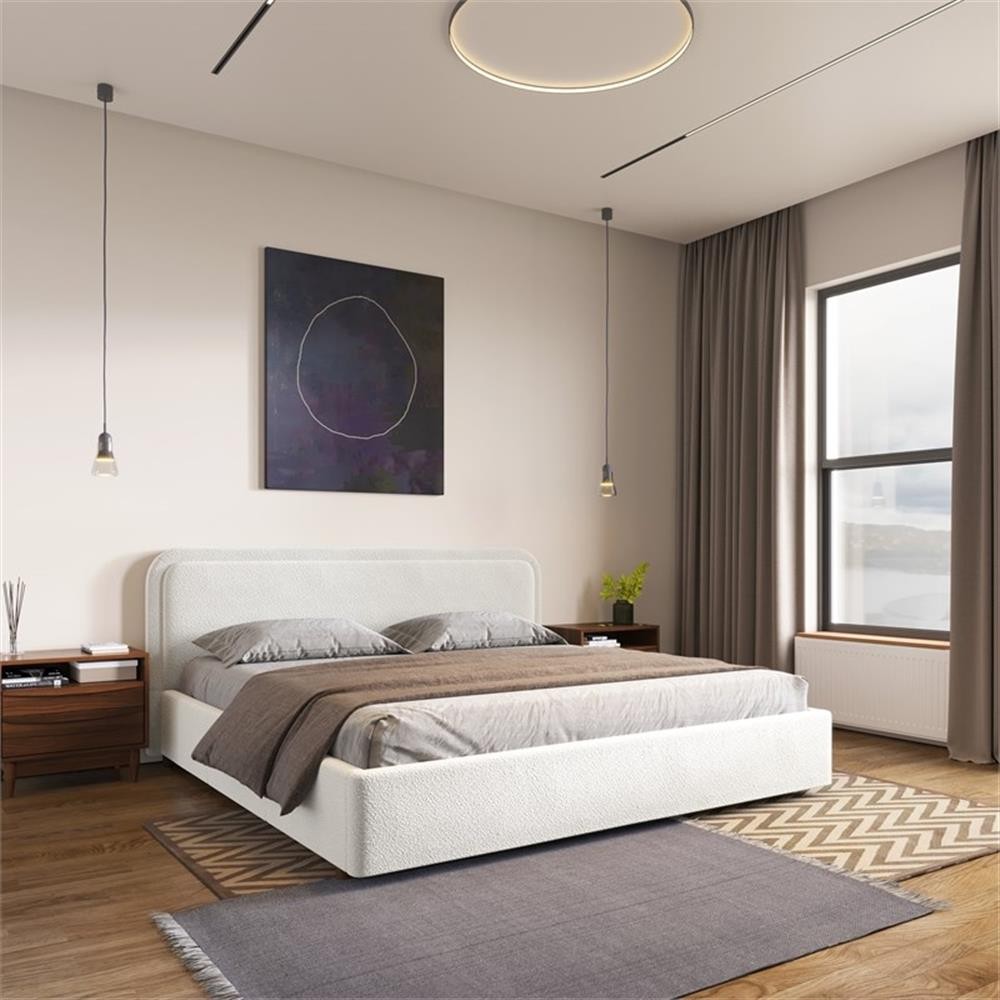 Pemberly Row Upholstered Platform King Bed in White Boucle Fabric