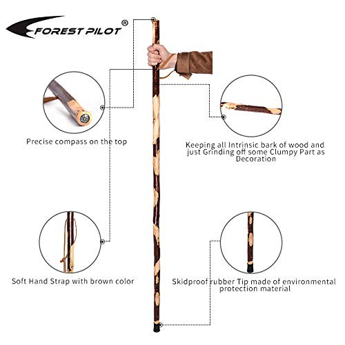 Bark-Keeping Clumpy Pattern Wooden Walking Stick with a Compass (Nature Color...