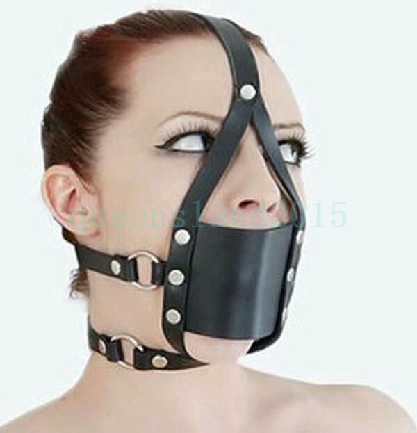 PU Leather BDSM Head Harness Face Mask with PC Hollow mouth Open Gag Restraint`