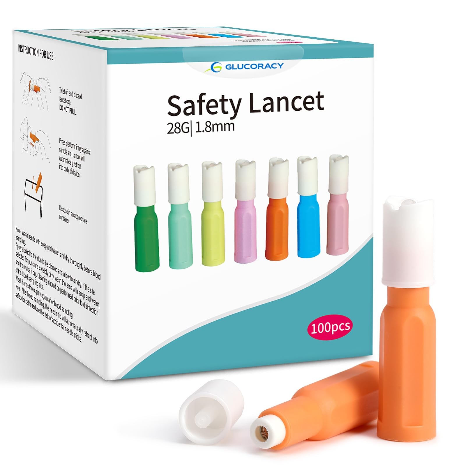 Safety Lancets, Sterile, Top Push Button Activated, 28 Gauge, 1.8 mm, 100 Cou...