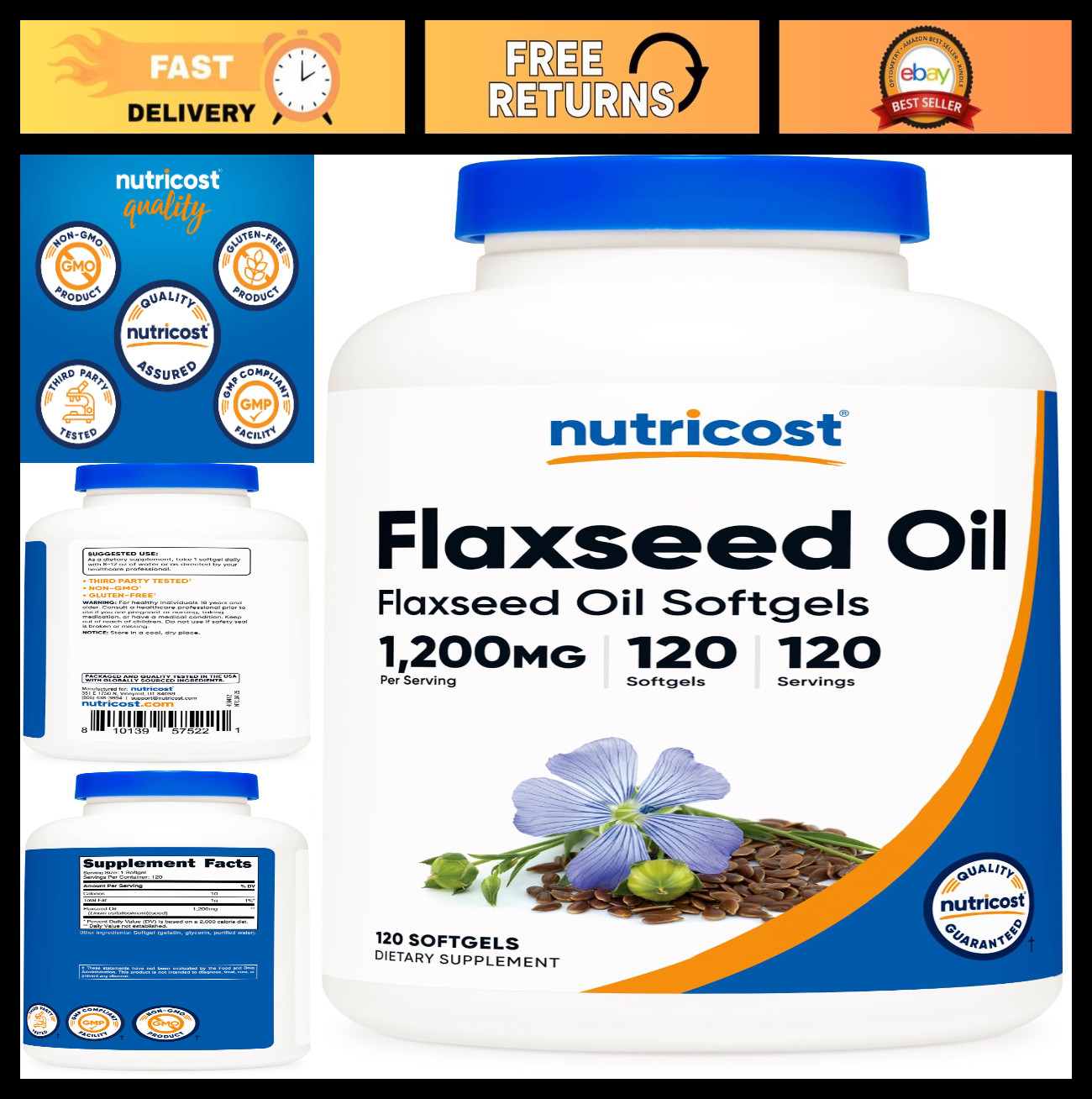 Flaxseed Oil 1200mg Softgels - Non-GMO, Gluten-Free, Omega-3 Rich, 120 Count