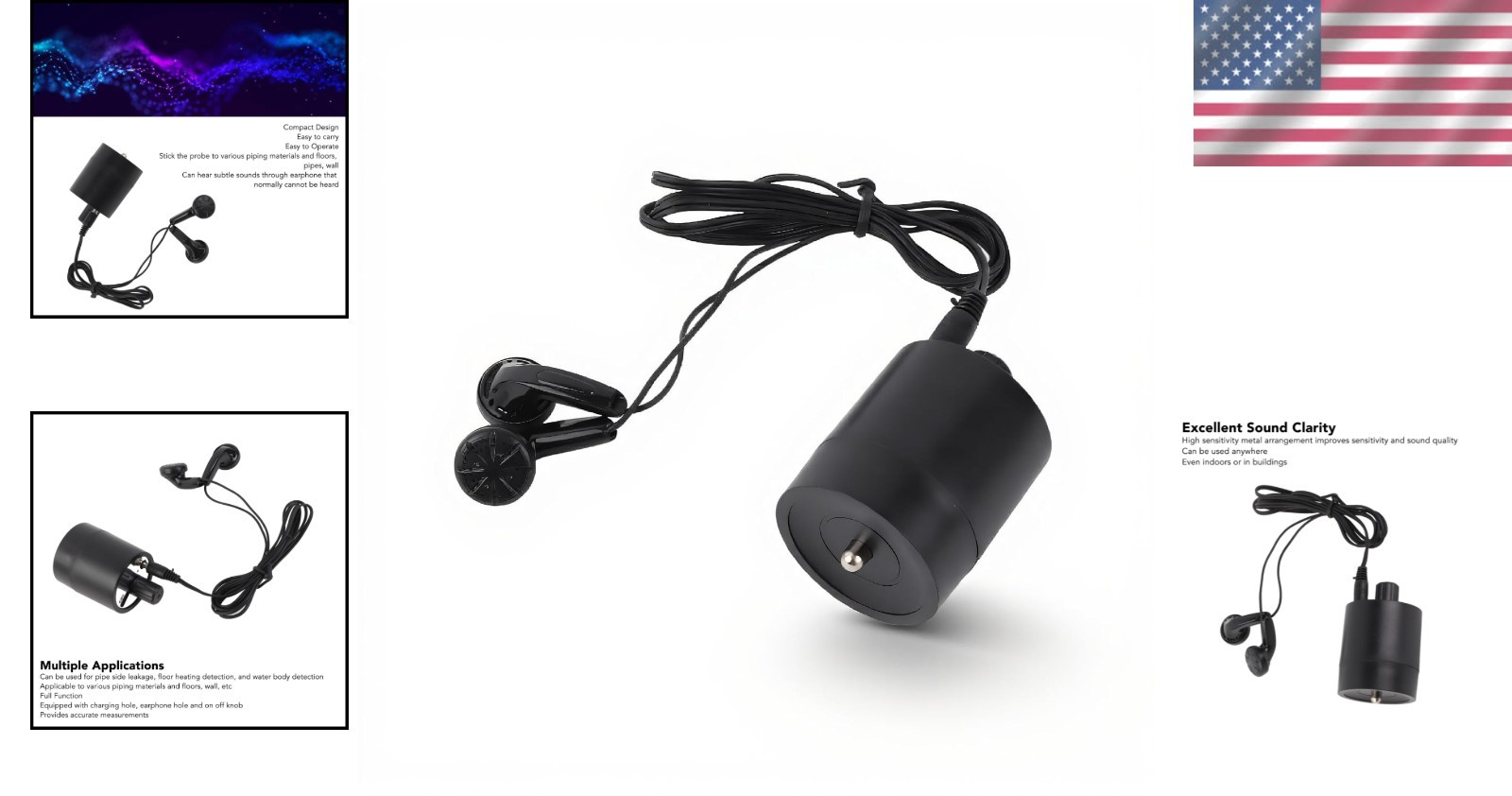 Compact Through Wall Sound Listening Device with Built-in Battery and Data Cable