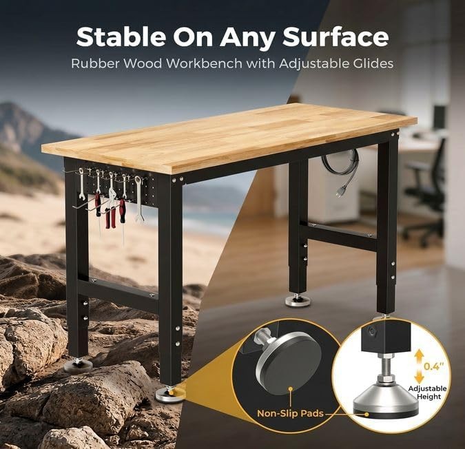 48" Adjustable Workbench | Solid Rubberwood Top | 2000lbs Heavy-Duty Work Table