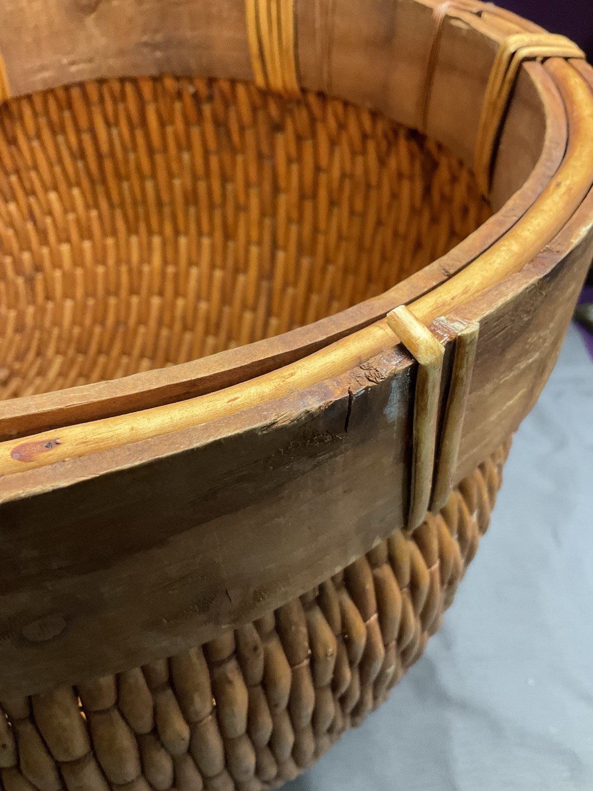 Large Oval Woven ASIAN Gathering Basket Missing Wood Handle