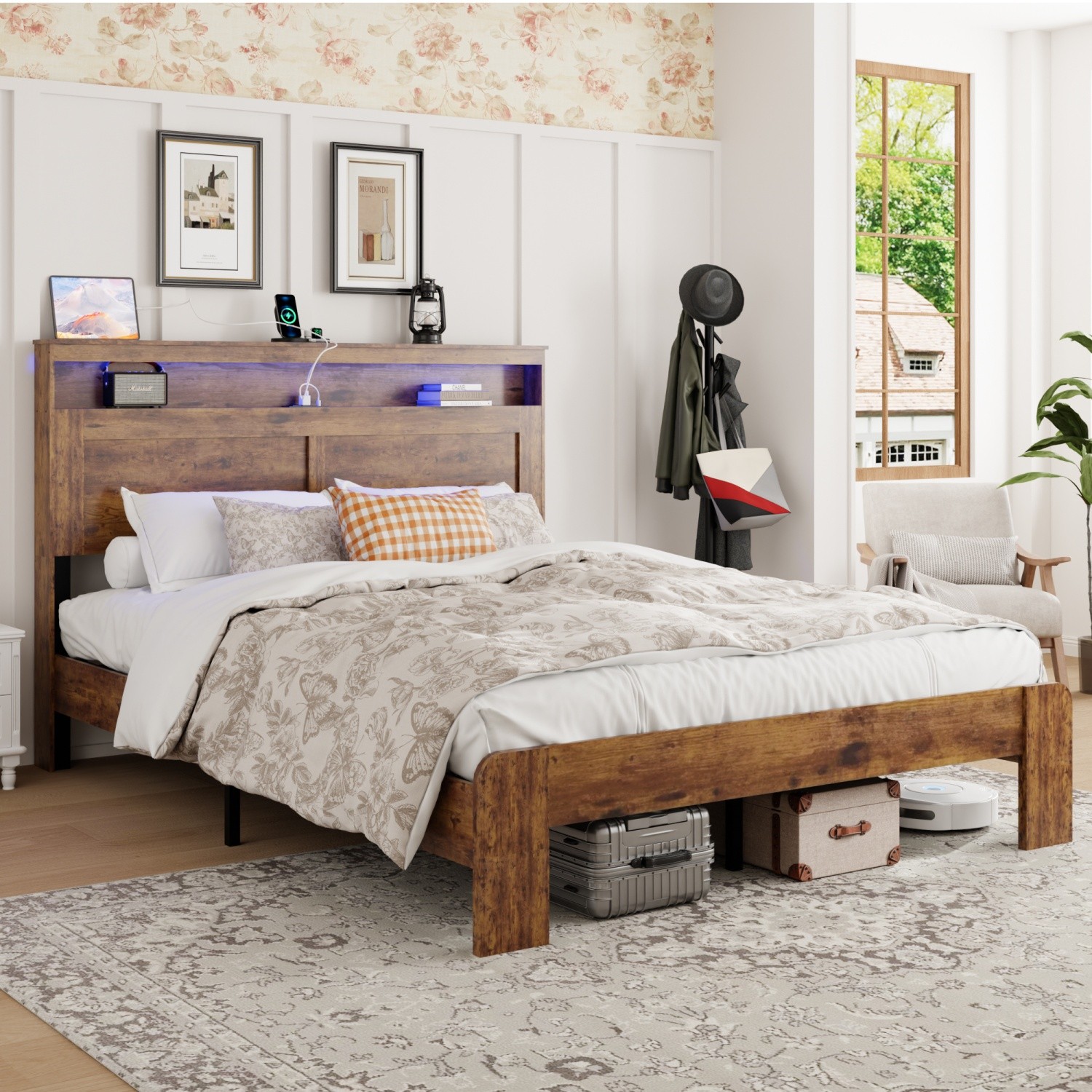 Queen/King Size Bed Frame Wood Platform Bed w/ LED Light Headboard & USB Ports