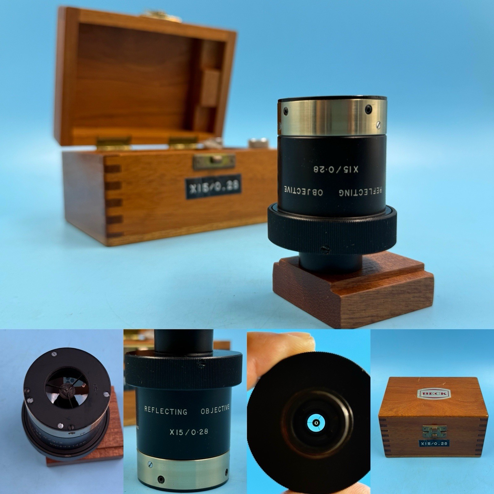 Vintage BECK UK REFLECTIVE OBJECTIVE X15/0.28  OPTICS MICROSCOPE Gently Used