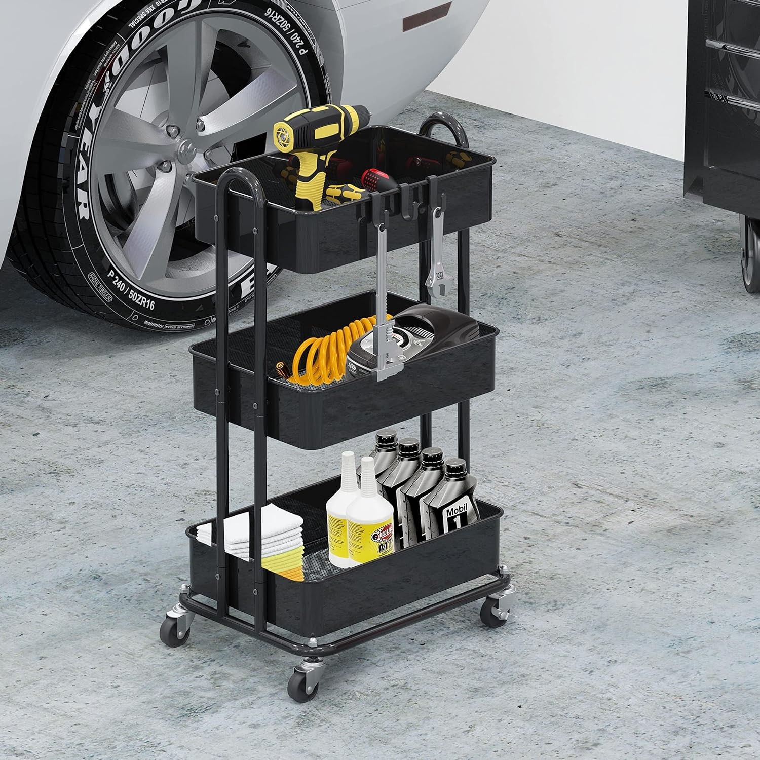 3-Tier Rolling Metal Utility Cart with Locking Wheels Storage Organizer Black