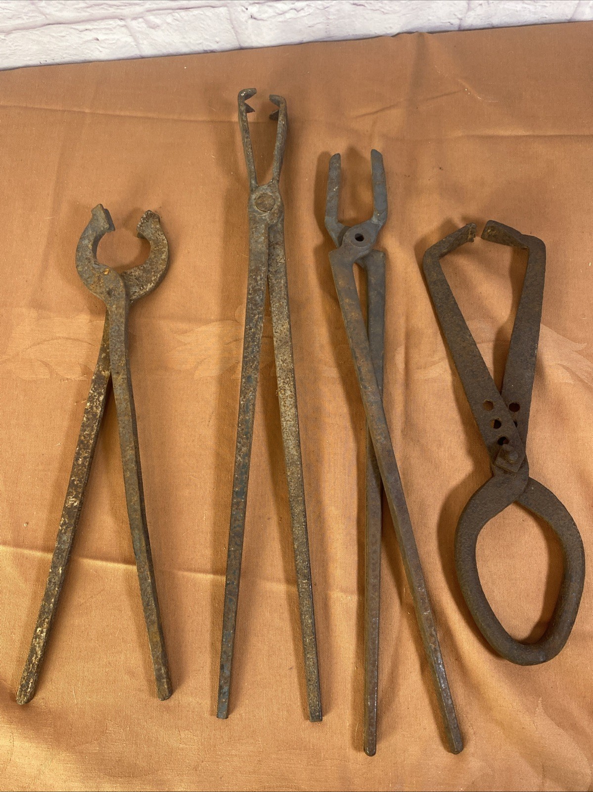 Lot of 4 Antique Hand Forged Blacksmith & Ice Tongs Primitive Farm Forge Tools