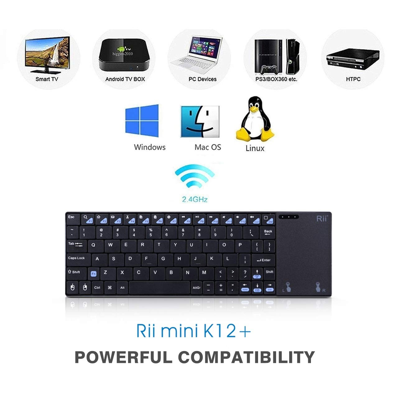 Rii K12+ Mini Wireless Keyboard with Large Touchpad Mouse&Qwerty Black