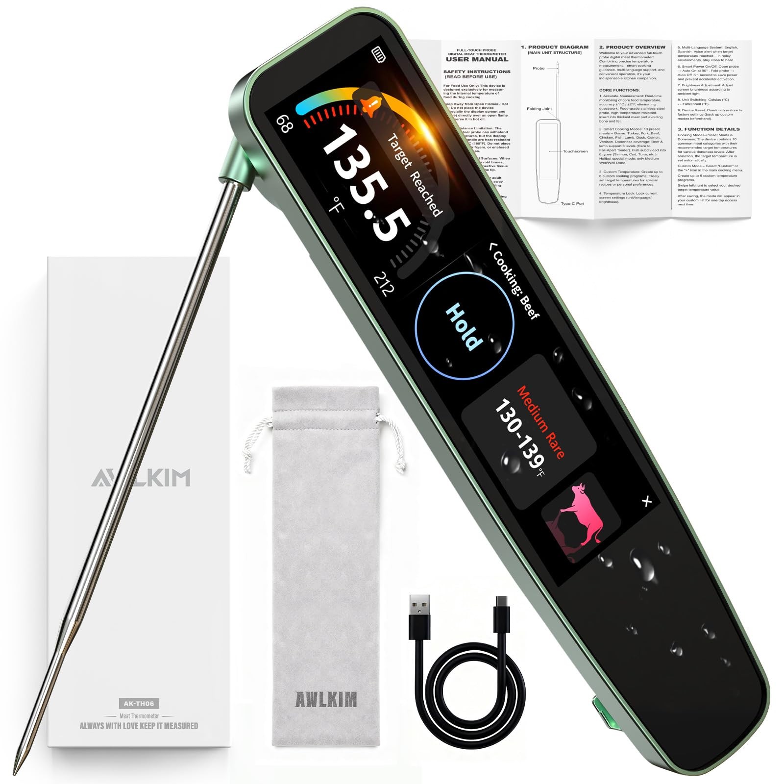 Instant Read Meat Thermometer Digital, 3.8" Touchscreen No App Needed Recharg...