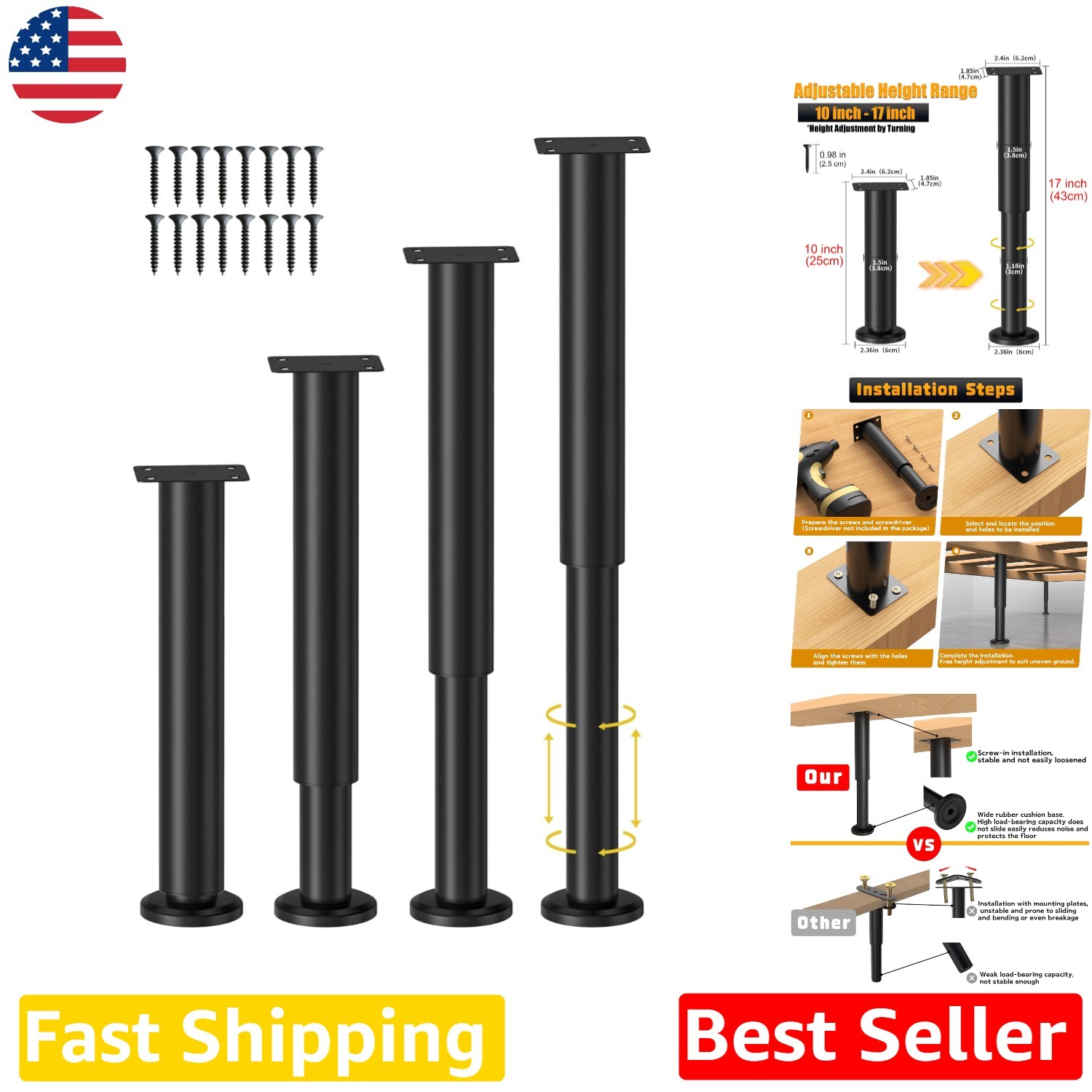 Upgrade Your Bed: 4x Heavy Duty 10-17" Adjustable Metal Support Legs