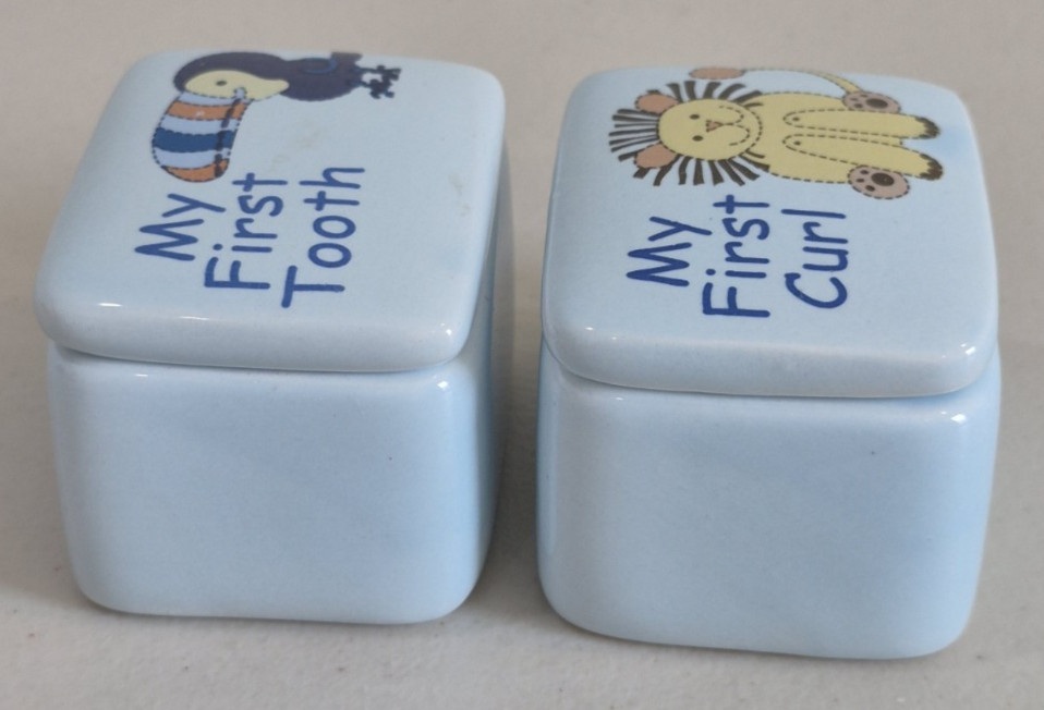 2 Ceramic Keepsake Boxes First Tooth First Curl 2"x1.75"